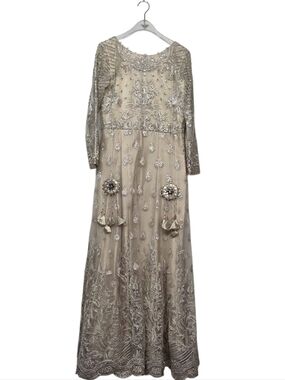 Iznik Beige Traditional Pakistani Beaded Embellished Maxi Dress - Champagne